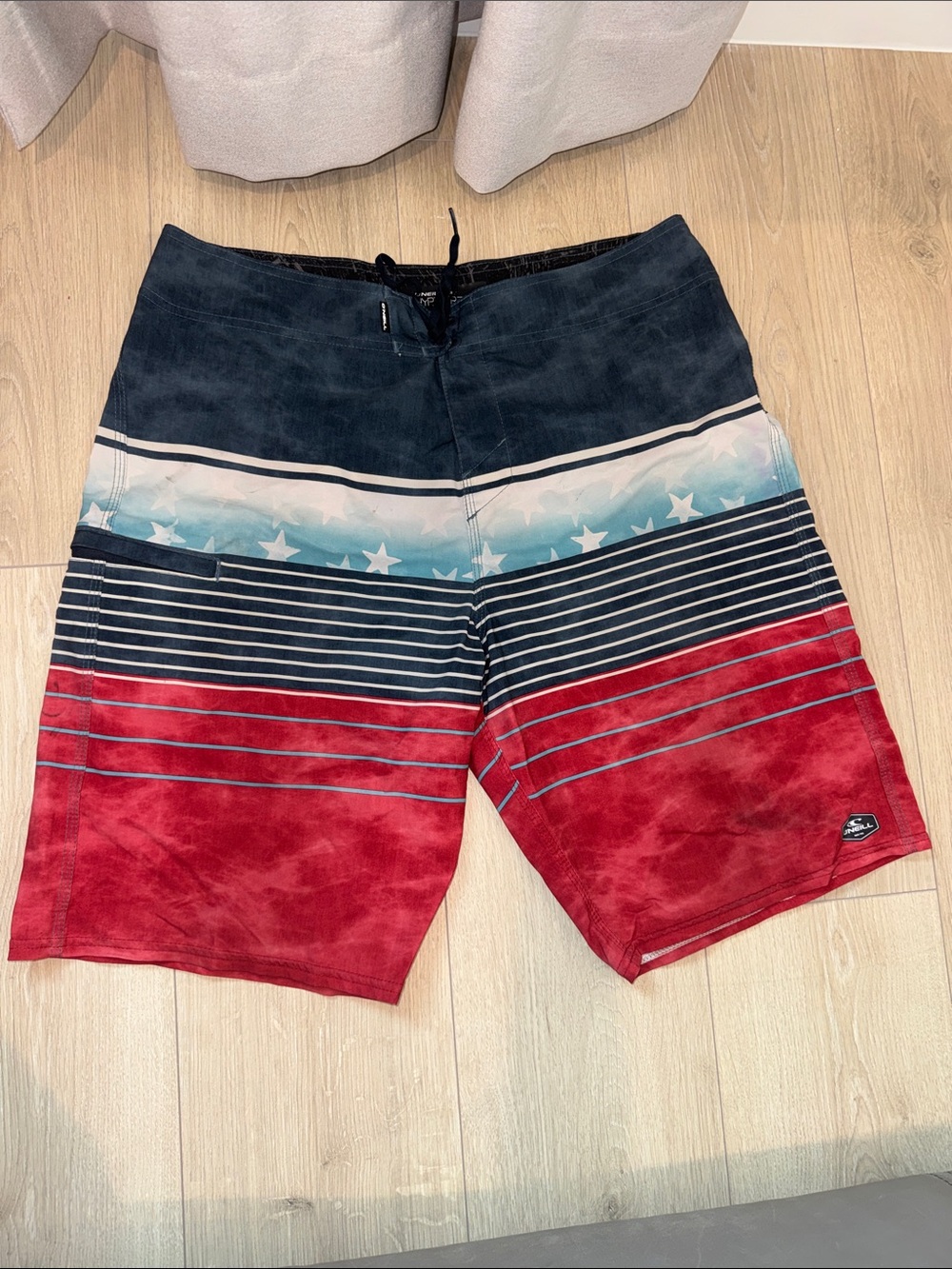 O'Neill Red, Navy and Light Blue Striped Men's Board Shorts